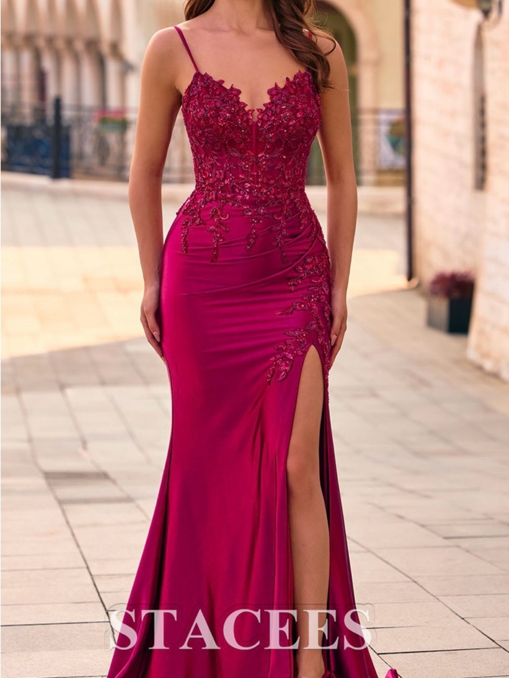 NWT Stacees Burgundy Embroidered Spaghetti-Strap Prom Gown